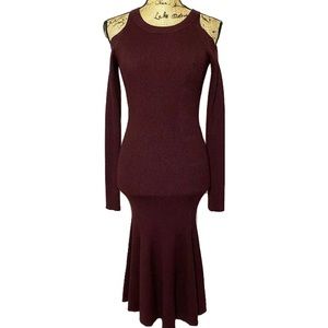 All Saints Maroon Long Sleeve Knit Yasmin Cold Shoulder Midi Dress